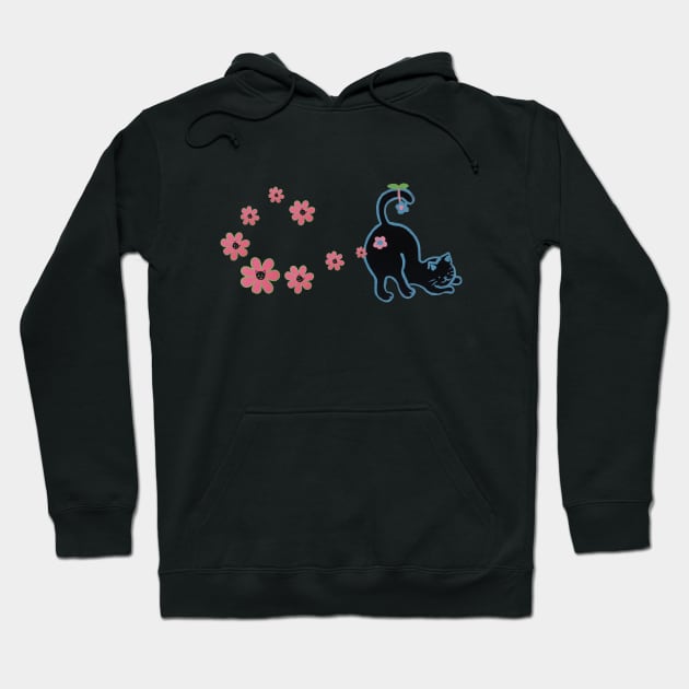 Black cat with pink flowers Hoodie by Tapood